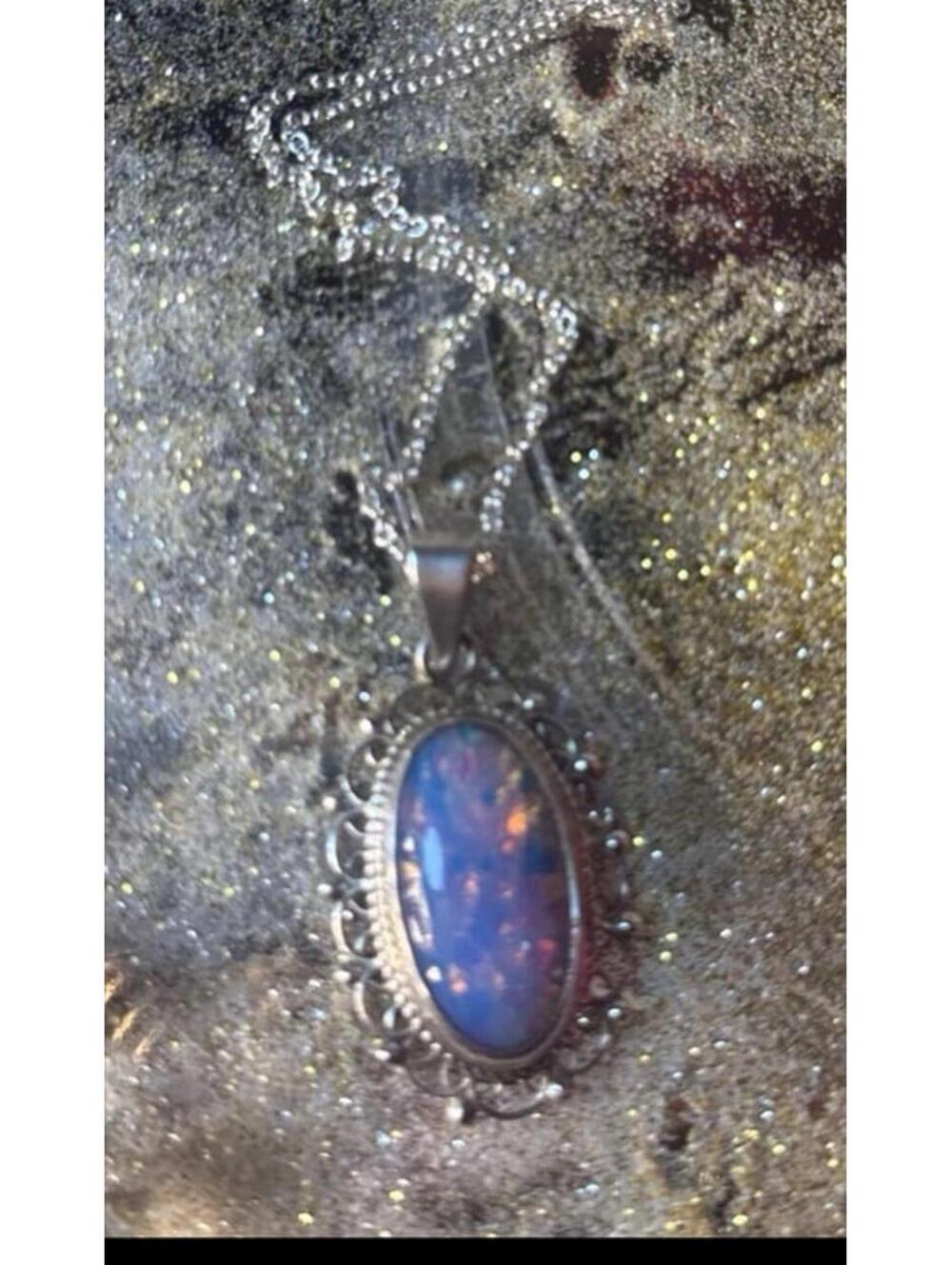 Vintage Opal 2” x 1.25” sterling Silver hallmarked 18” long